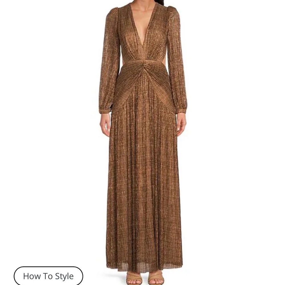 Gianni Bini Hazel Metallic Chiffon V-Neck Long Sleeve Cut Out Dress